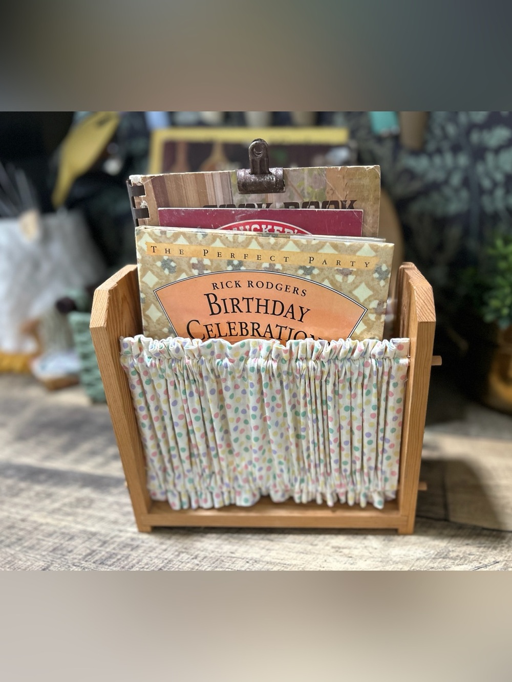 Wooden Fabric Pocket Organizer Mail Recipe Card Holder Cottagecore Polka Dot
